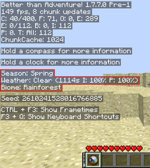 The debug screen if the player has rotary calendar. It indicates the current weather. and the biome the player is standing on.