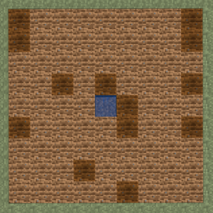 A 9x9 field of farmland with one water block in the middle.